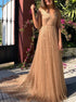 Gold Sequins Long 3/4-Length Prom Dress LBQ0572